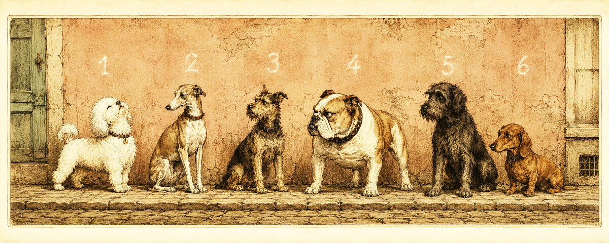 Six dogs lined up along a cracked Paris wall, chalked with the numbers one to six — a poodle, a whippet, a wire terrier, a scowling bulldog, a shaggy black hound and a dachshund, waiting to be judged