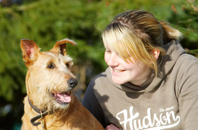 Animal, Animals, Blonde, Canine, Canines, Dog, Dogs, Irish Terrier, Kate, Land Mammal, Land Mammals, Play, Playing, Playtime, Smile, Smiling, Terrestrial Mammal, Terrestrial Mammals, Terriers, Tintin, Tongue, Woman