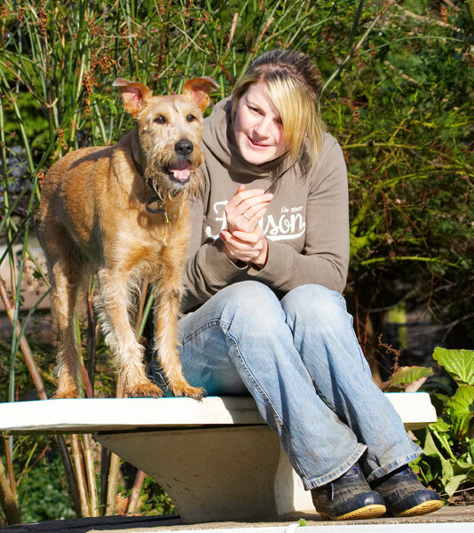Animal, Animals, Blonde, Canine, Canines, Dog, Dogs, Irish Terrier, Kate, Land Mammal, Land Mammals, Play, Playing, Playtime, Smile, Smiling, Terrestrial Mammal, Terrestrial Mammals, Terriers, Tintin, Tongue, Woman