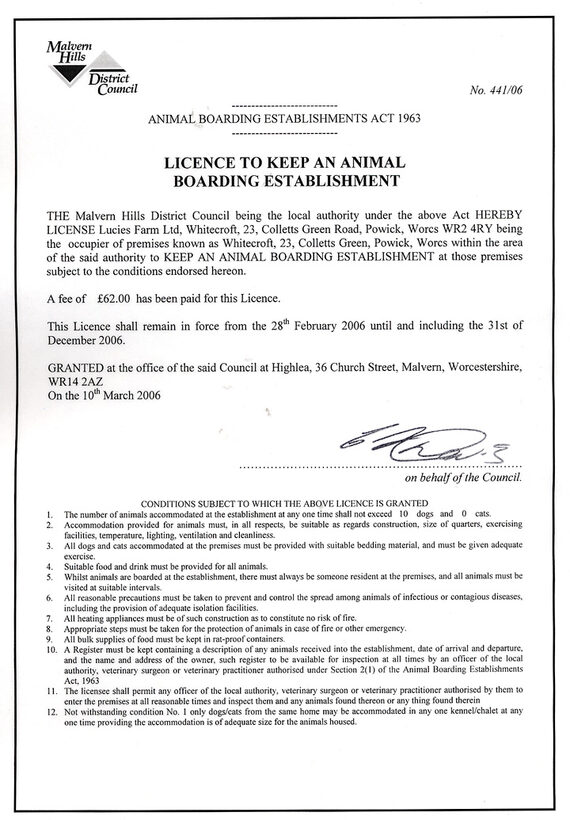 Malvern Hills District Council Dog Kennel License