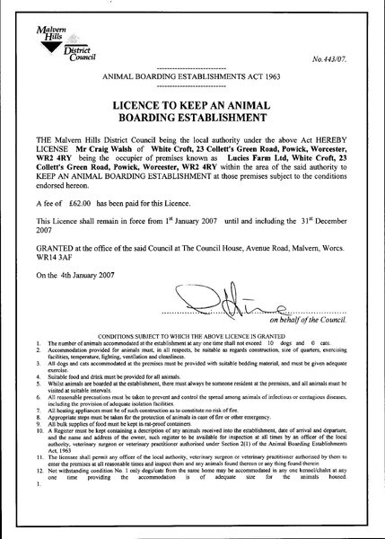 Animal Boarding Establishment License - 2007
