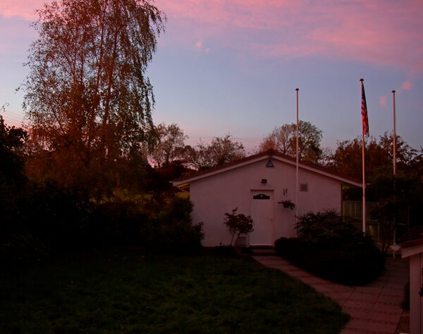 Doggie hotel bathed in November sunset